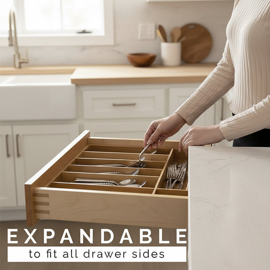 Adjustable Bamboo Drawer Organizer — Expandable Cutlery Tray