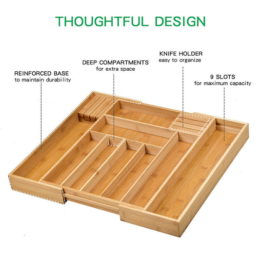 Adjustable Bamboo Kitchen Cutlery Drawer Organizer Tray