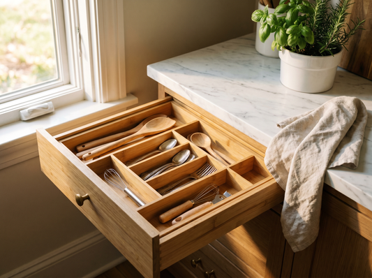 Adjustable Bamboo Drawer Organizer — Expandable Cutlery Tray