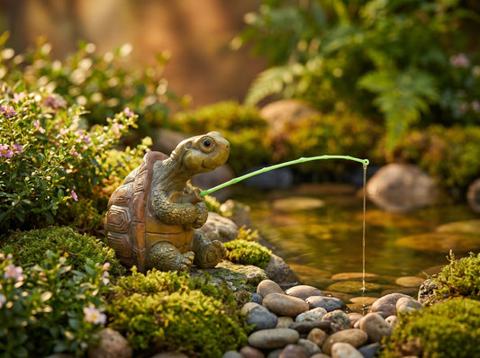 Fishing Turtle Garden Ornament — Whimsical Resin Outdoor Decor Statue