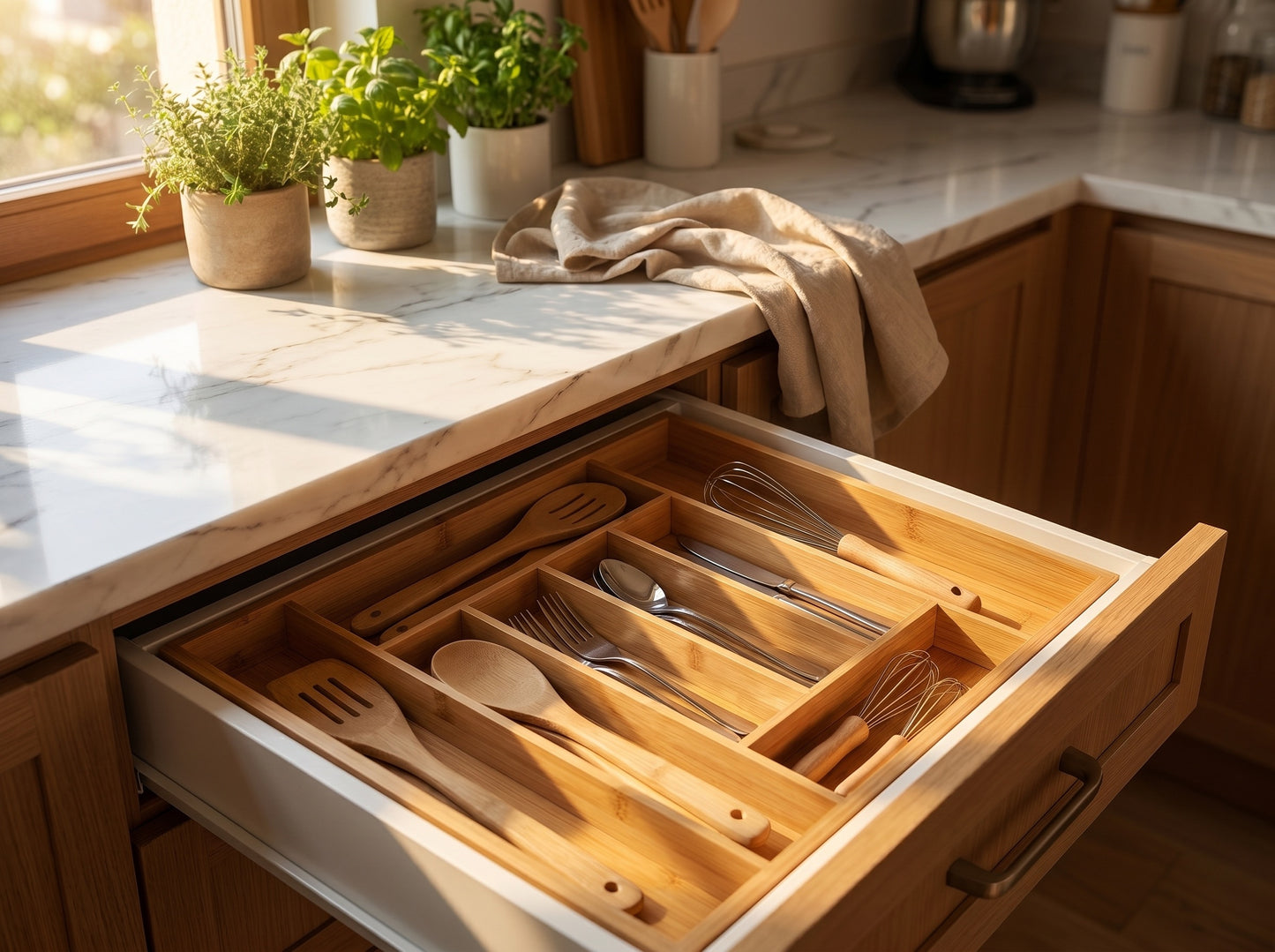 Adjustable Bamboo Drawer Organizer — Expandable Cutlery Tray