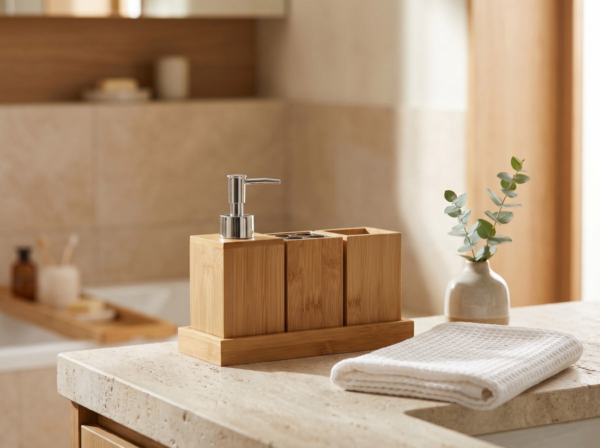 Bamboo Bathroom Accessory Set — 4-Piece Soap Dispenser, Tumbler & Toothbrush Holder