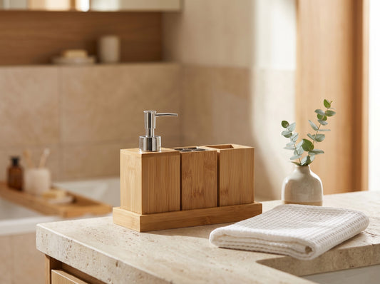 Bamboo Bathroom Accessory Set — 4-Piece Soap Dispenser, Tumbler & Toothbrush Holder
