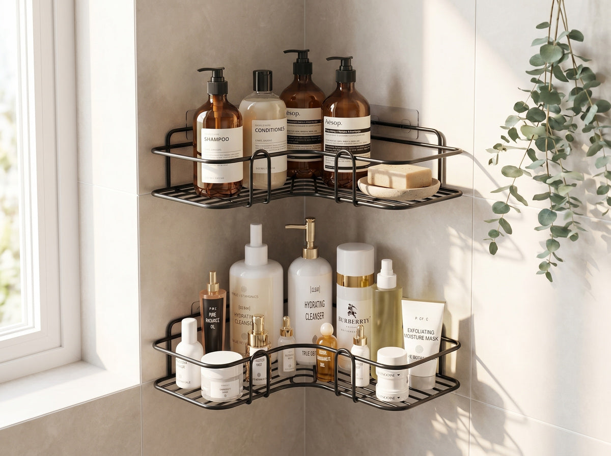No-Drill Bathroom Corner Shelf — Adhesive Shower Caddy & Storage Rack