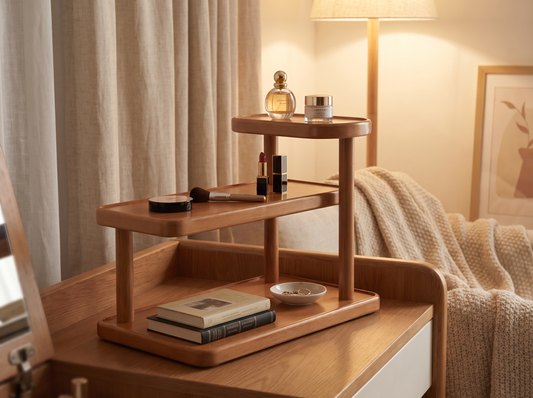 Wooden Desktop Organizer Rack on a vanity