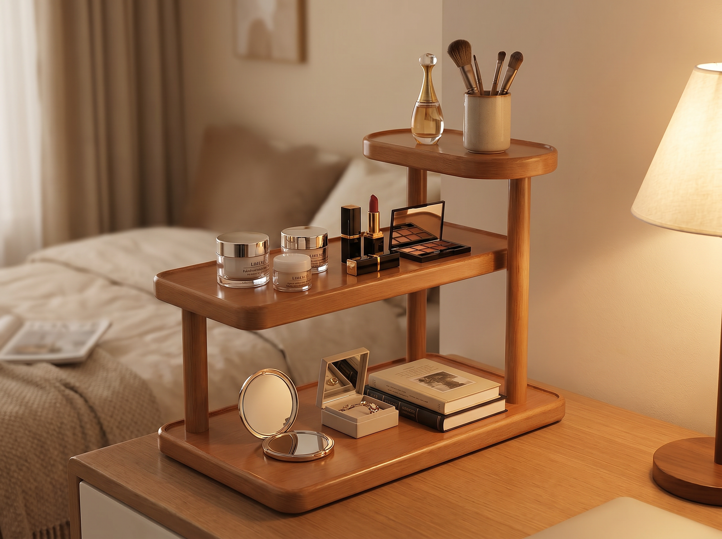 Wooden Desktop Organizer Rack angled view on a vanity