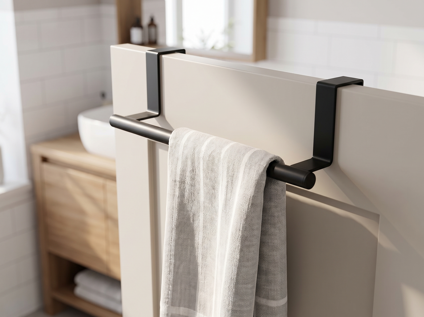 Stainless Steel Retractable Towel Rack close-up with towel