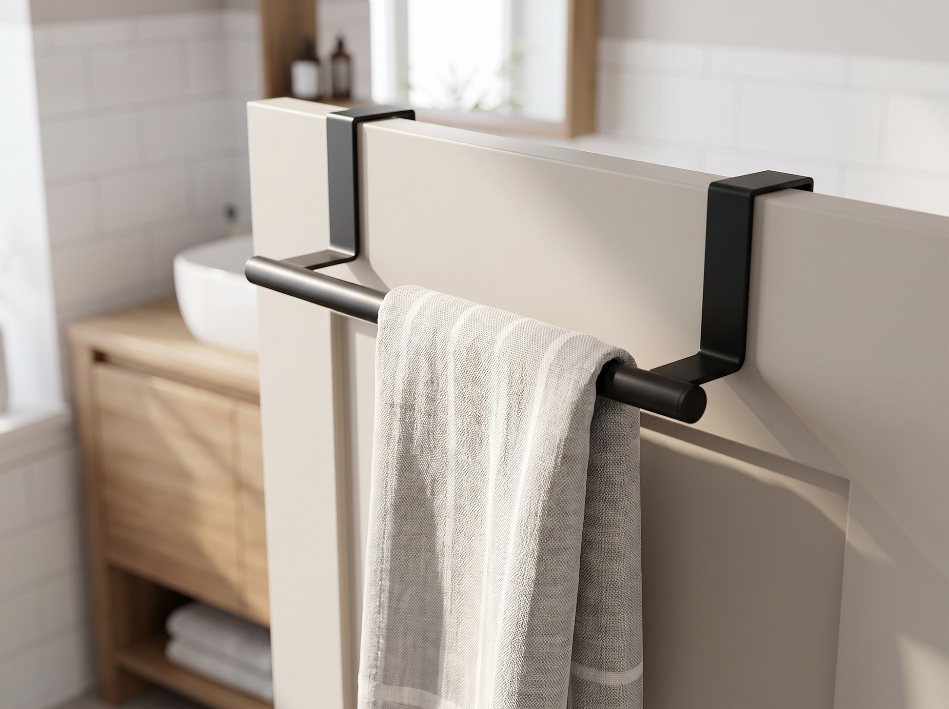 Stainless Steel Retractable Towel Rack close-up with towel