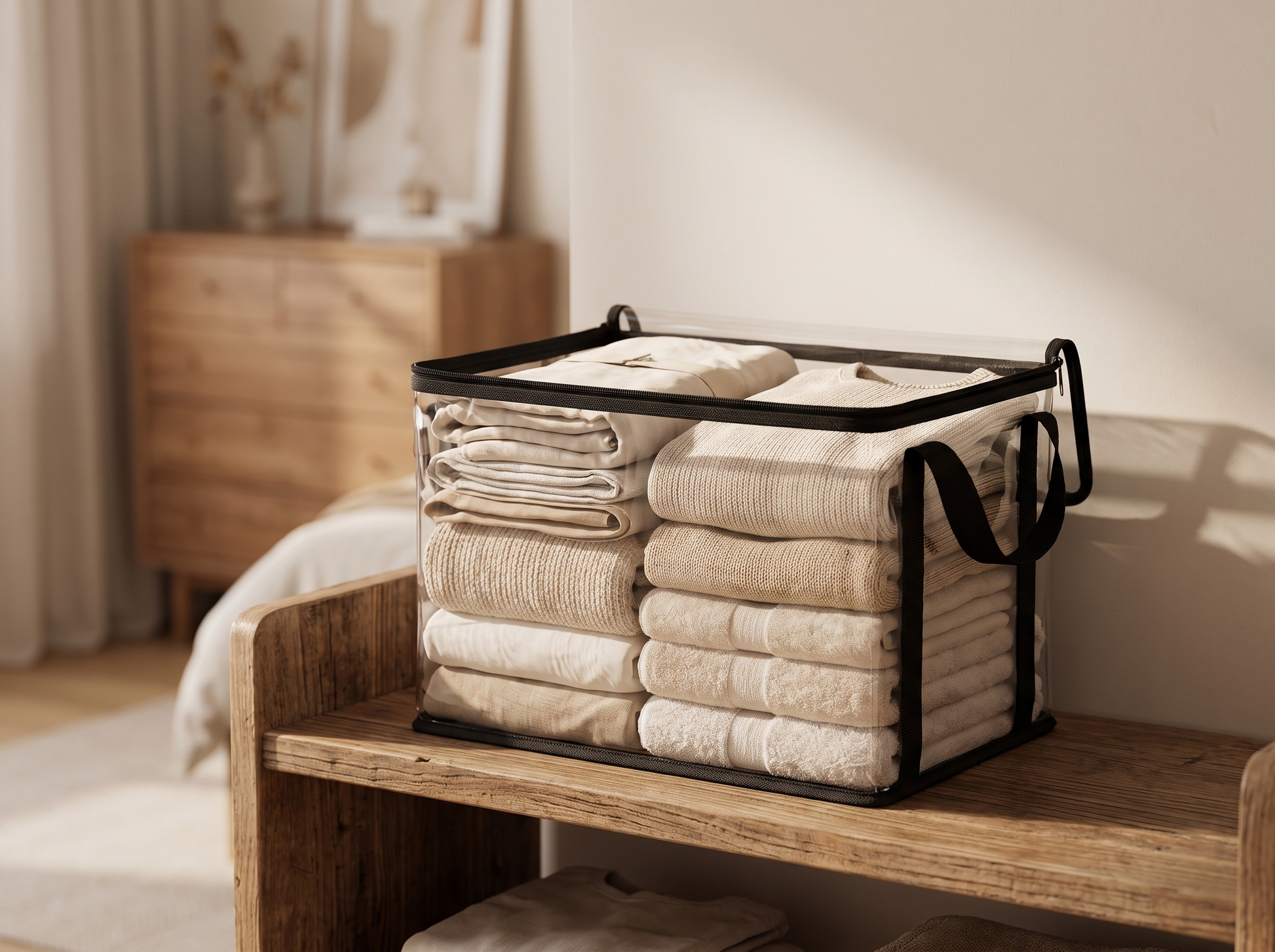 Transparent Foldable Storage Box elevated view on a shelf