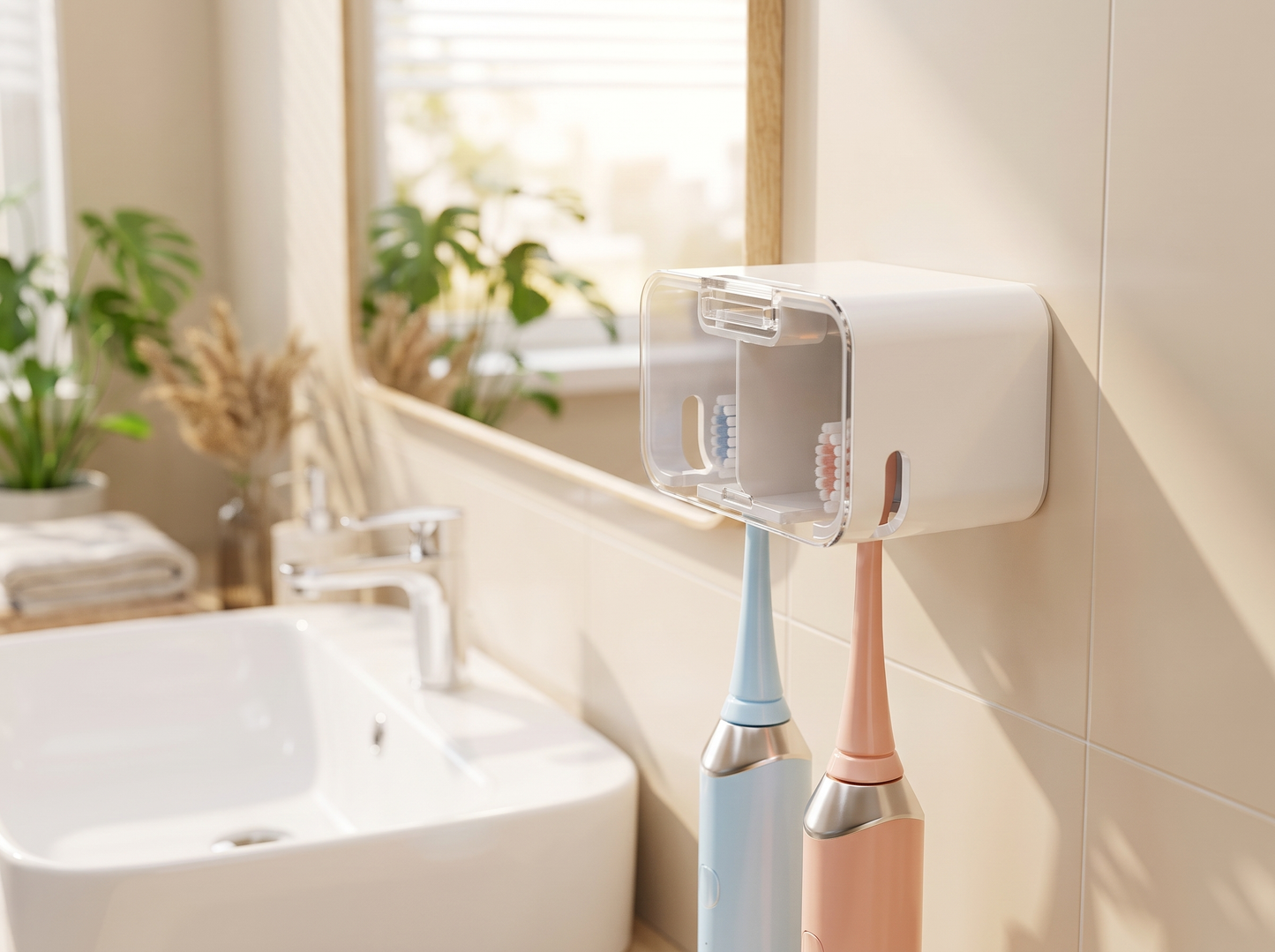 Wall-Mounted Toothbrush Holder side angle near a sink