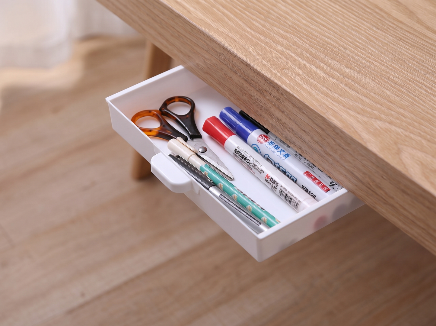 Under-Table Drawer Storage Organizer with drawer open