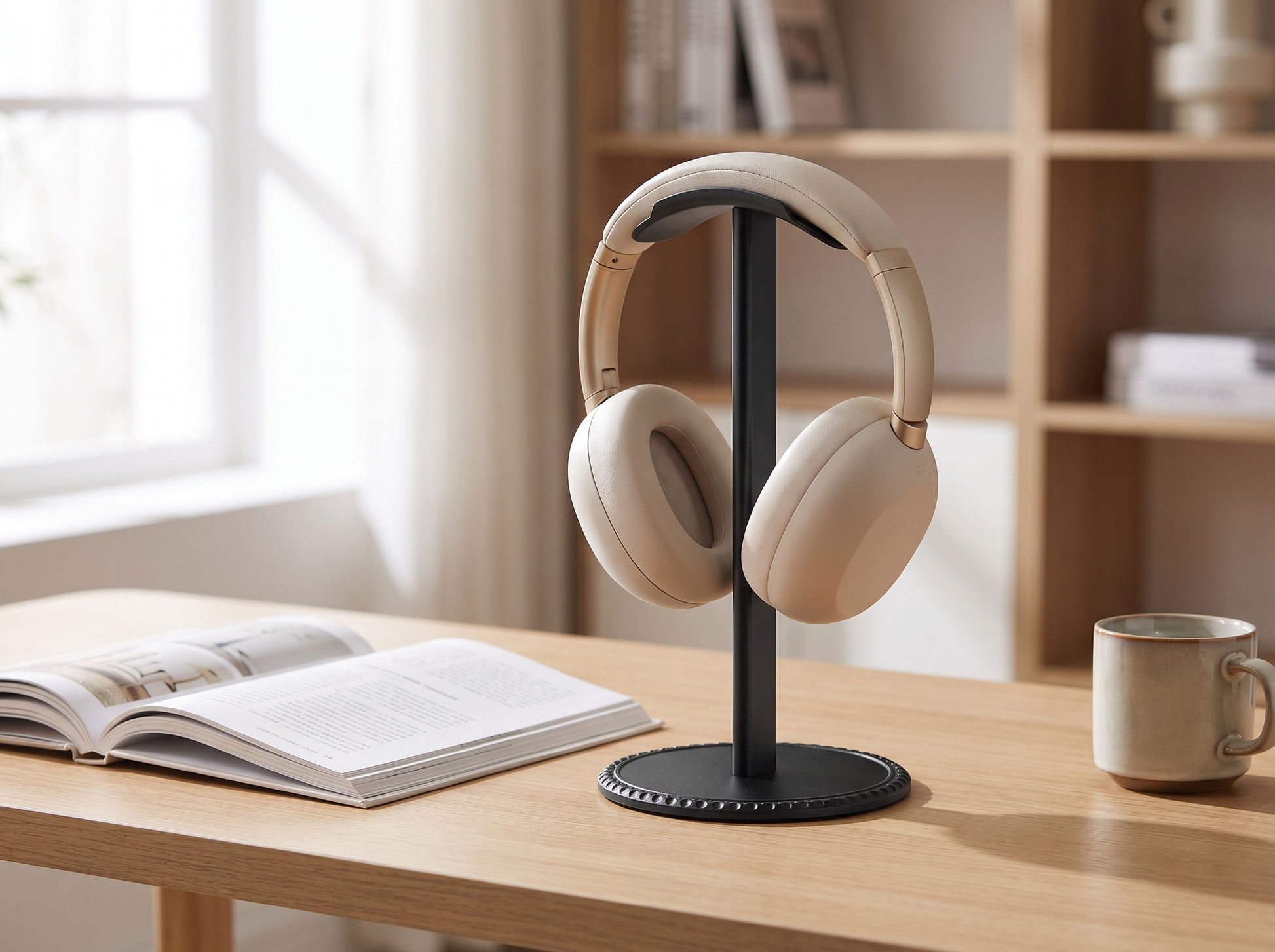 Aluminum Headphone Stand side profile on a desk