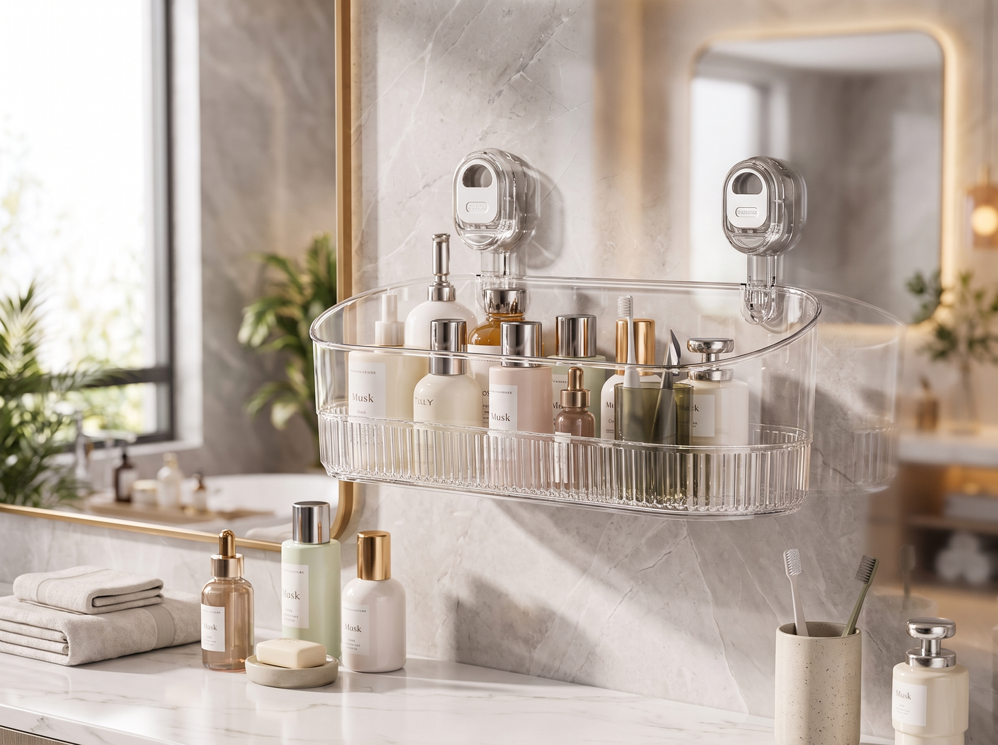 Suction Cup Wall-Mounted Storage Rack in bathroom context