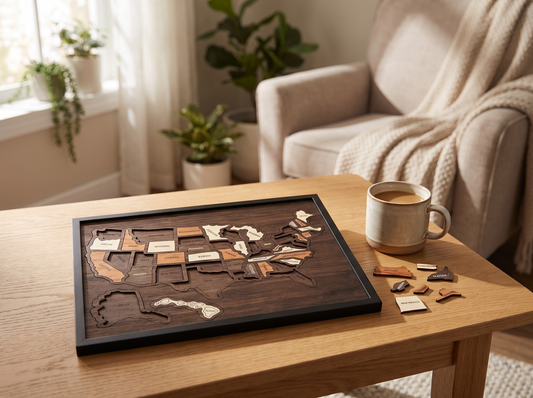 Wooden USA Map Puzzle assembled on a table