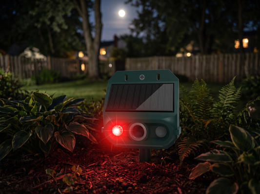 Solar-Powered Ultrasonic Animal Repellent guarding a garden at night