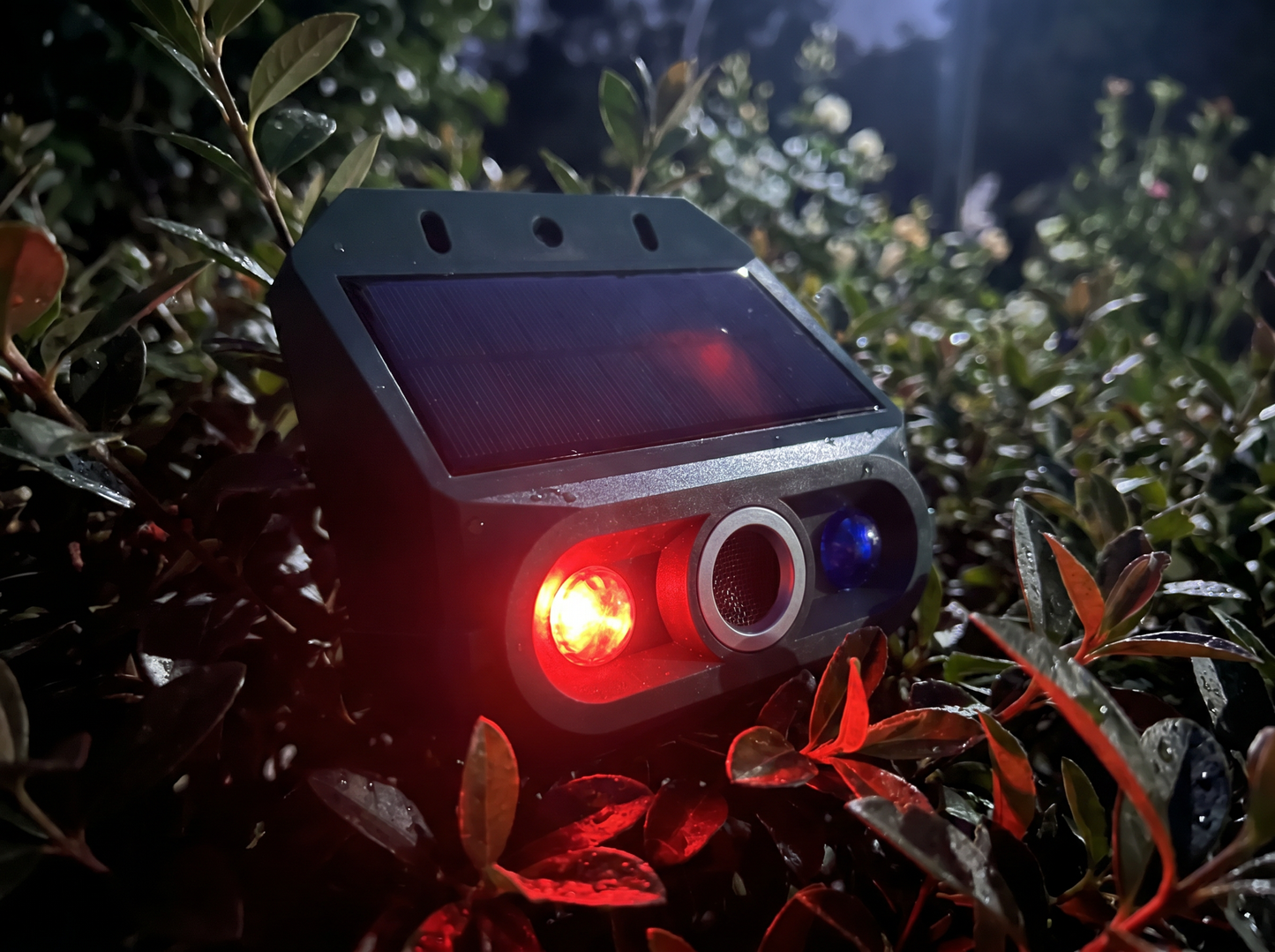 Solar-Powered Ultrasonic Animal Repellent close-up at night with red light