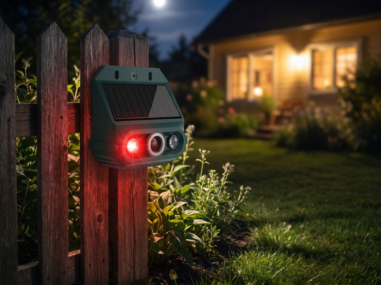 Solar-Powered Ultrasonic Animal Repellent guarding a backyard at night