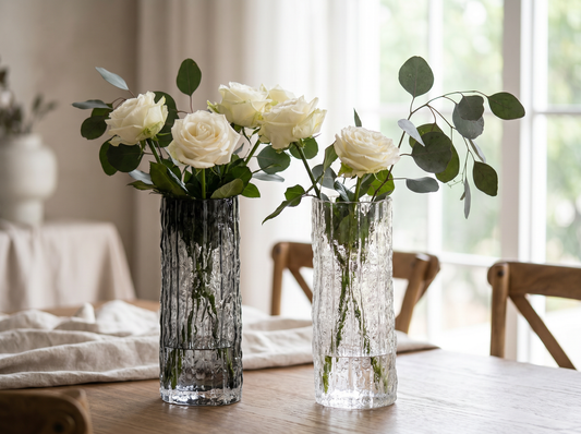 Modern Glass Hydroponic Vase with roses on a table