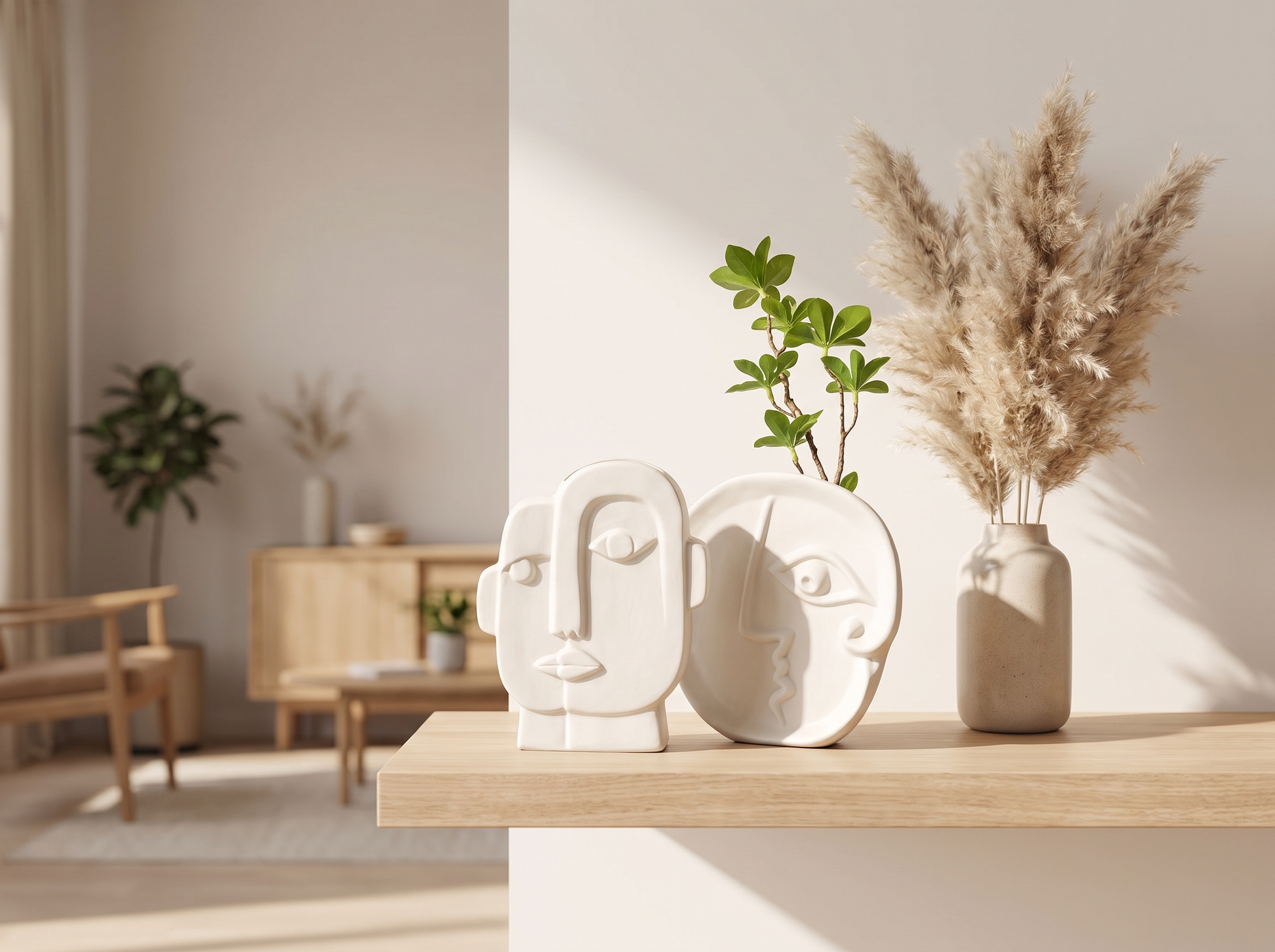Creative Ceramic Face Vase with pampas on a shelf