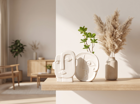 Creative Ceramic Face Vase with pampas on a shelf
