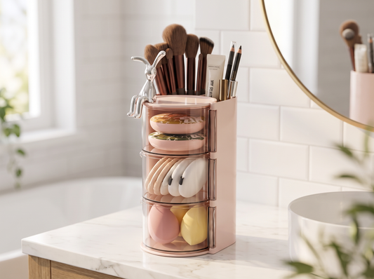 Rotating Makeup Brush Organizer on a vanity