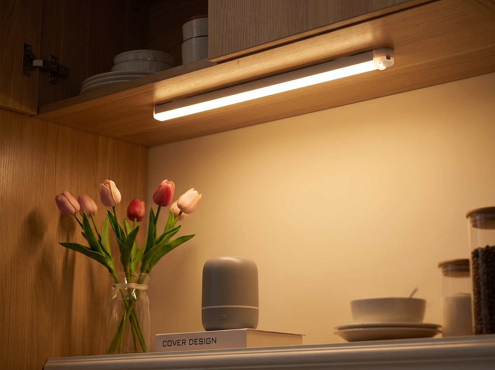 LED Motion Sensor Light glowing under a cabinet