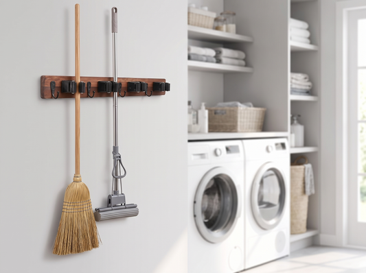Wall-Mounted Wooden Mop and Broom Storage Rack holding tools