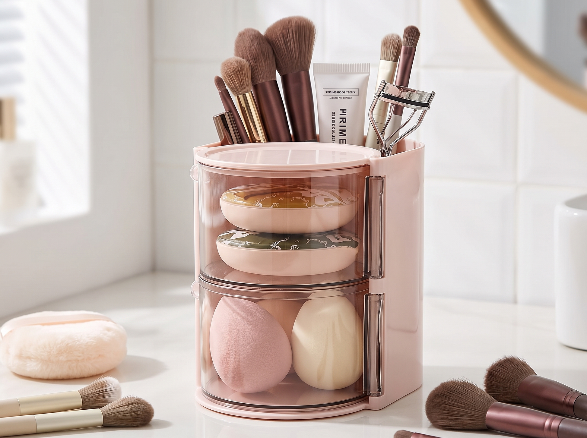 Rotating Makeup Brush Organizer with brushes in place
