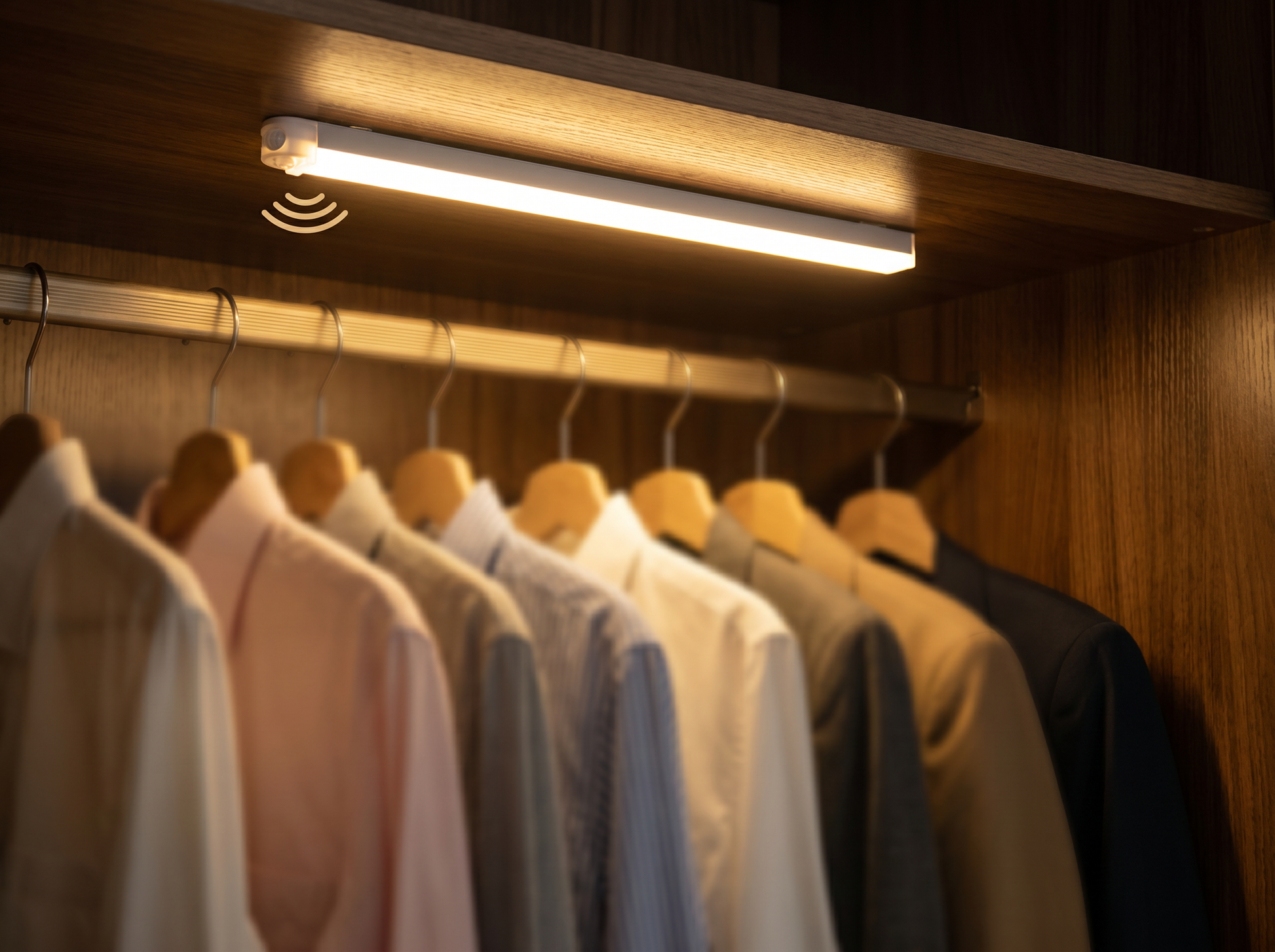 LED Motion Sensor Light illuminating a wardrobe