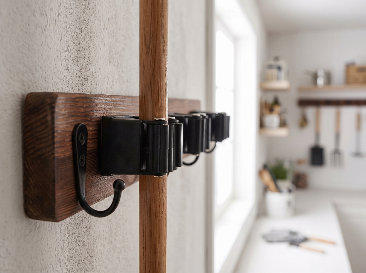 Wall-Mounted Wooden Mop and Broom Rack clip detail