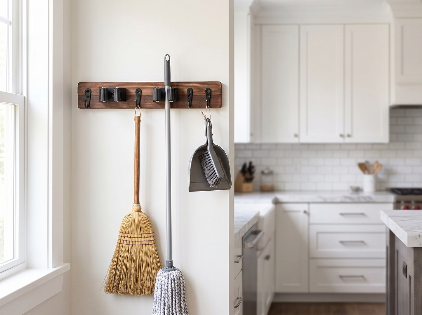 Wall-Mounted Wooden Mop and Broom Rack on a kitchen wall
