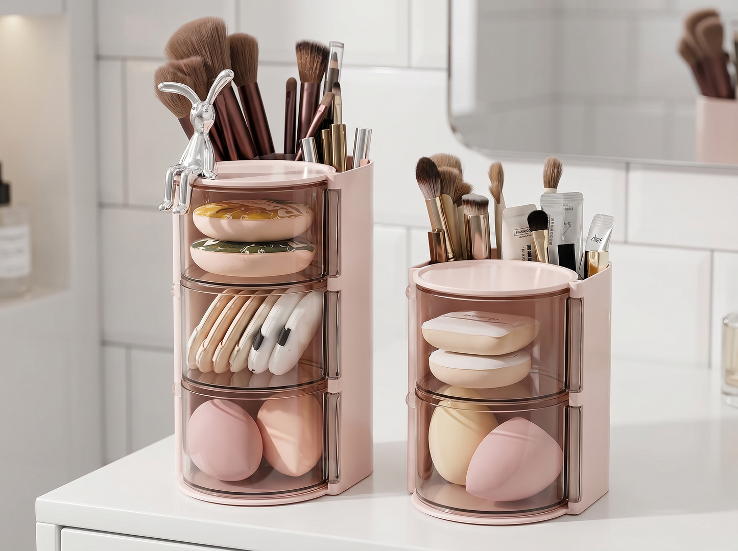 Rotating Makeup Brush Organizer filled with brushes