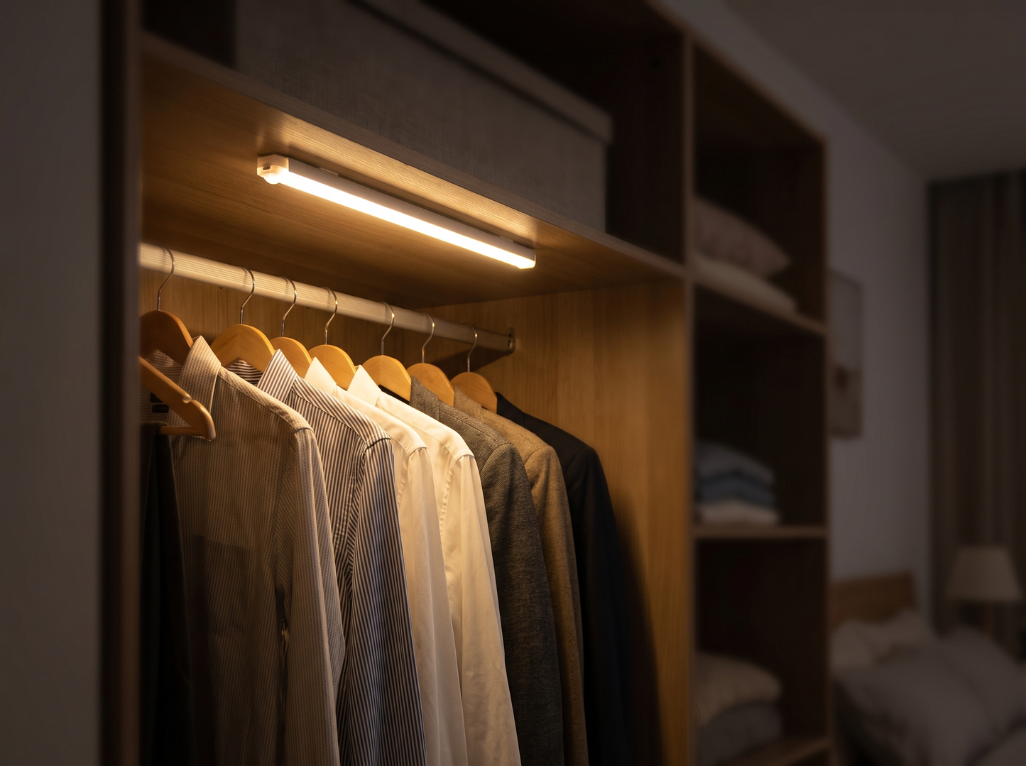 LED Motion Sensor Light illuminating a wardrobe